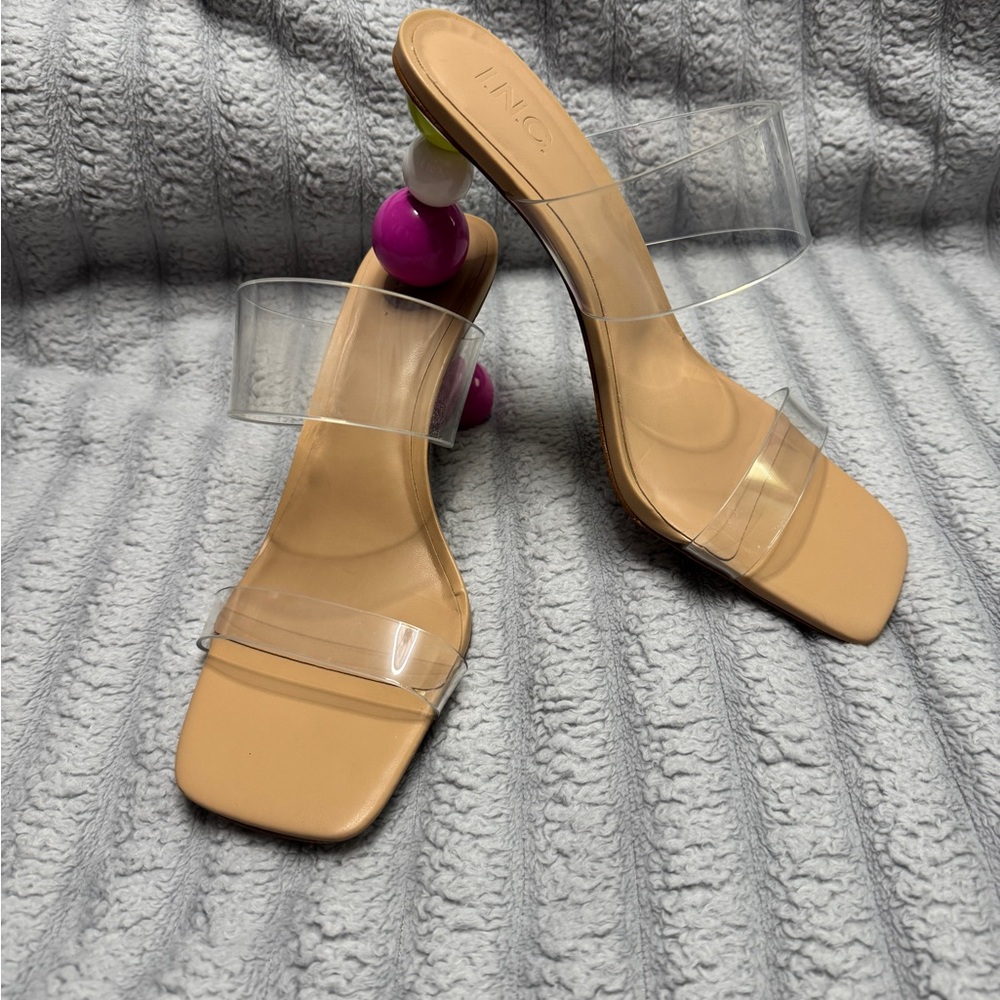 INC International Concepts Tan and 3 inches Clear Heels with Colorful Accents.